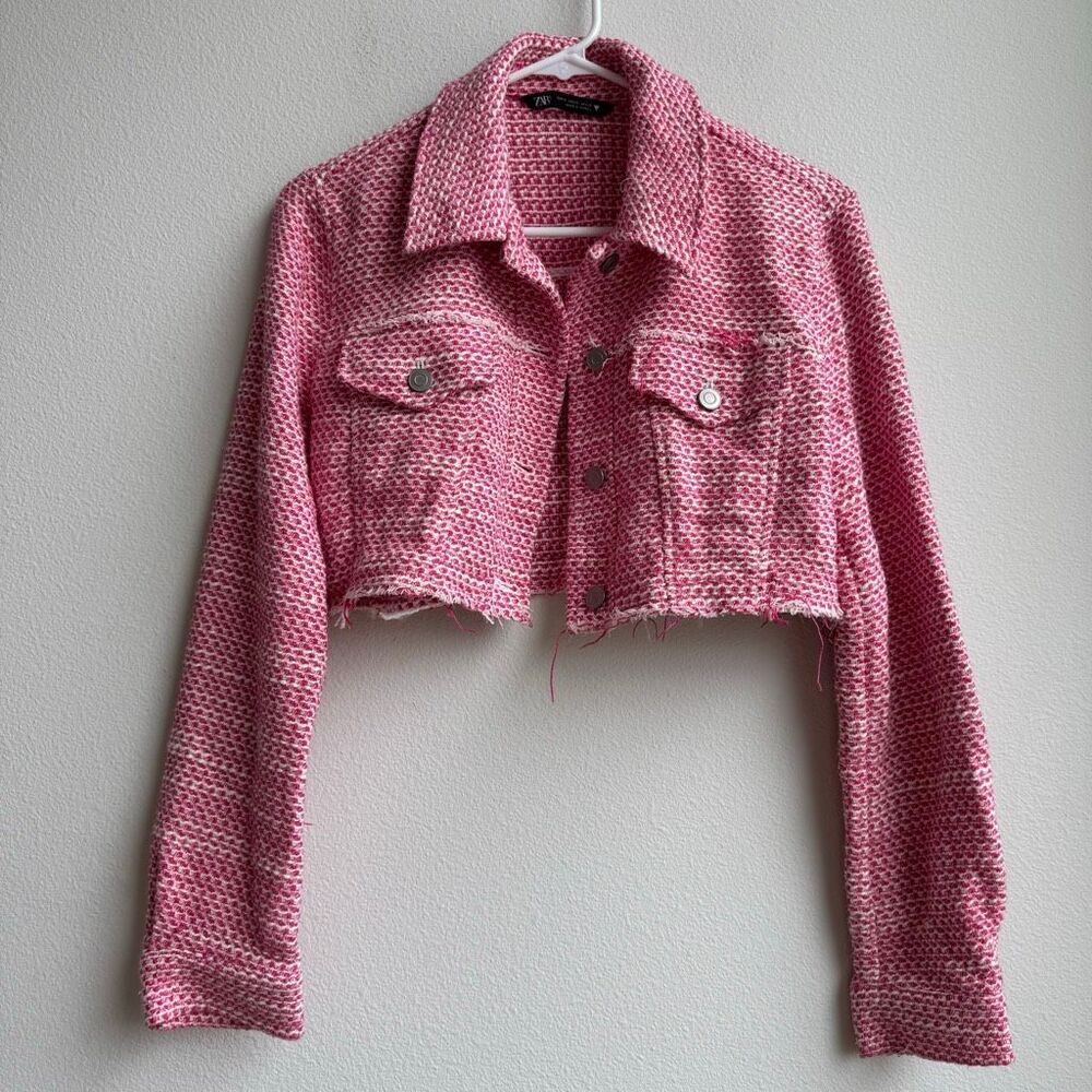 ZARA Pink Textured Weave Tweed Preppy Cropped Blazer Women’s Size Small